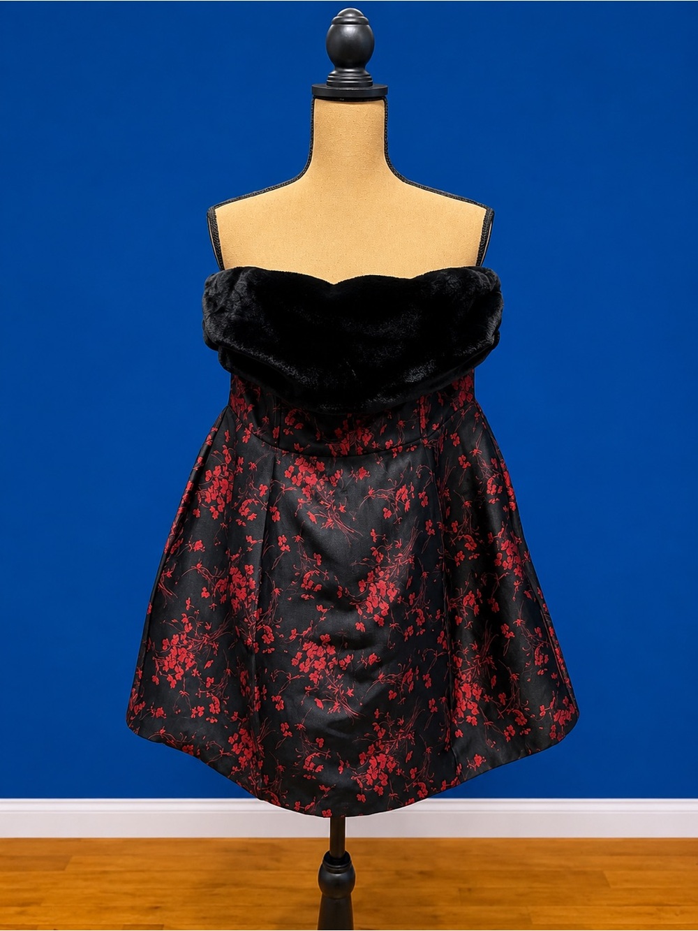 ASOS Strapless Black Satin Dress with Red Floral Jacquard and Faux Fur Trim